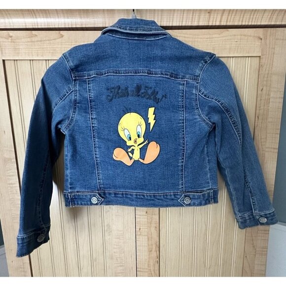 Girls Looney Tunes Tweety Bird Denim Jean Jacket XS 4 5 Blue - Picture 1 of 6